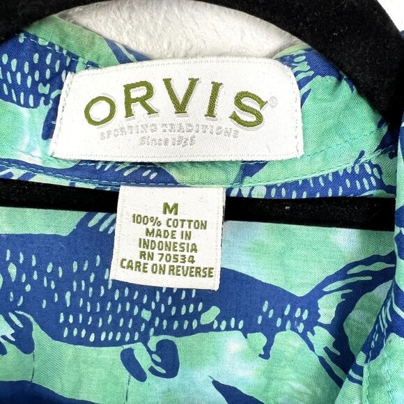 Orvis Mens Medium Green Fish Print Short Sleeve Button Front Cotton Shirt - Picture 4 of 9